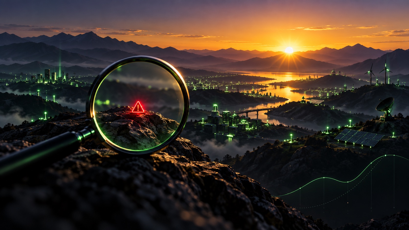 A magnifying glass enlarges one warning while a broad city of useful tools stands beneath a sunrise.